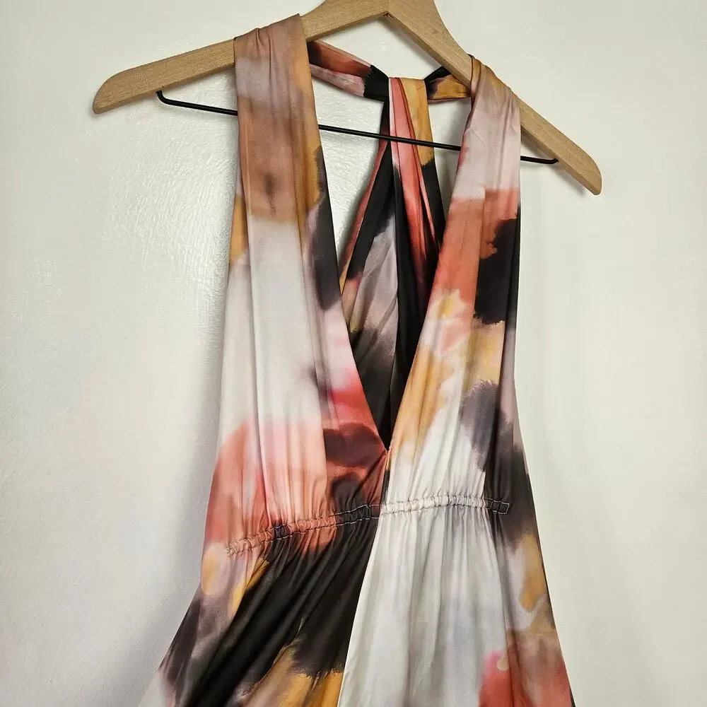 NEW Edition Asos Watercolor Print Satin Halter Maxi‎ Dress 4 Pink Black Tan NWT